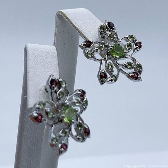 Flower shaped Peridot Rhodolite Garnet Gemstone 925 Silver Earrings - Picture 4 of 6